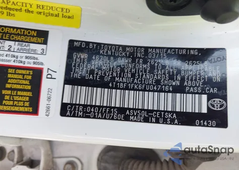 2015 Toyota Camry Se from USA, damaged, VIN 4T1BF1FK6FU047164